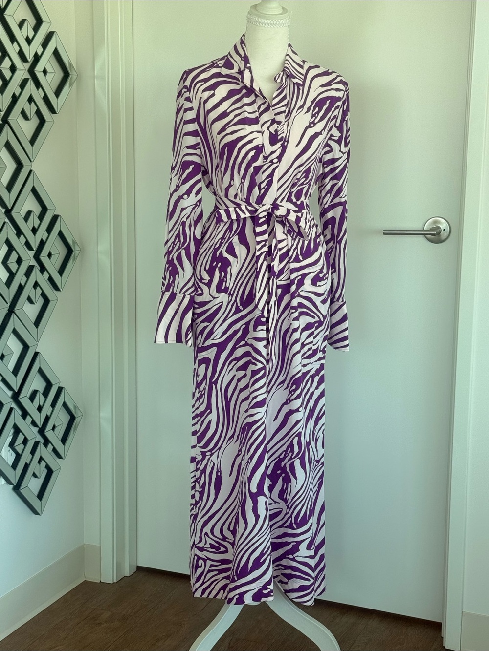 Purple & White Zebra Print Shirt Dress with Tie Waist
